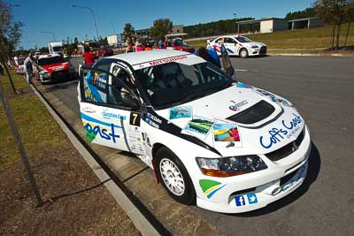 7;13-May-2011;7;APRC;Asia-Pacific-Rally-Championship;Australia;Caloundra;David-Green;IROQ;International-Rally-Of-Queensland;Mitsubishi-Lancer-Evolution-IX;Nathan-Quinn;QLD;Queensland;Sunshine-Coast;auto;motorsport;racing;shakedown;wide-angle