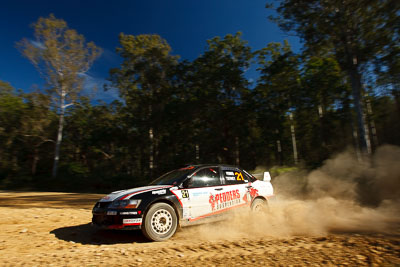 21;14-May-2011;21;ARC;Australia;Australian-Rally-Championship;IROQ;Imbil;International-Rally-Of-Queensland;Lee-Tierney;Mark-Pedder;Mitsubishi-Lancer-Evolution-IX;Pedders-Suspension;QLD;Queensland;Sunshine-Coast;auto;motorsport;racing;special-stage;wide-angle