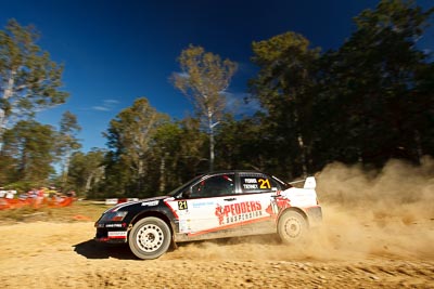 21;14-May-2011;21;ARC;Australia;Australian-Rally-Championship;IROQ;Imbil;International-Rally-Of-Queensland;Lee-Tierney;Mark-Pedder;Mitsubishi-Lancer-Evolution-IX;Pedders-Suspension;QLD;Queensland;Sunshine-Coast;auto;motorsport;racing;special-stage;wide-angle