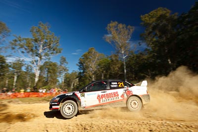 21;14-May-2011;21;ARC;Australia;Australian-Rally-Championship;IROQ;Imbil;International-Rally-Of-Queensland;Lee-Tierney;Mark-Pedder;Mitsubishi-Lancer-Evolution-IX;Pedders-Suspension;QLD;Queensland;Sunshine-Coast;auto;motorsport;racing;special-stage;wide-angle