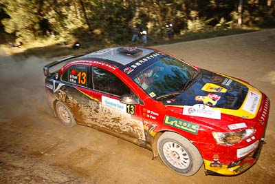 13;13;14-May-2011;APRC;Asia-Pacific-Rally-Championship;Australia;Hao-Yuan;Hongyu-Pan;IROQ;Imbil;International-Rally-Of-Queensland;Mitsubishi-Lancer-Evolution-X;QLD;Queensland;Soueast-Motor-Kumho-Team;Sunshine-Coast;auto;motorsport;racing;special-stage;wide-angle