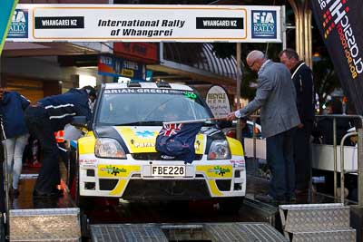 30;15-July-2011;30;APRC;Asia-Pacific-Rally-Championship;Bruce-McKenzie;Dave-Strong;Ford-Fiesta-S2000;International-Rally-Of-Whangarei;NZ;New-Zealand;Northland;Rally;Whangarei;auto;ceremonial-start;ceremony;garage;motorsport;pre‒event;racing;start;telephoto