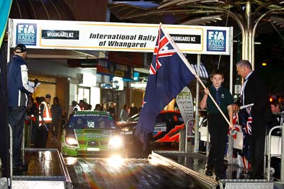 15-July-2011;APRC;Asia-Pacific-Rally-Championship;International-Rally-Of-Whangarei;NZ;New-Zealand;Northland;Rally;Whangarei;auto;ceremonial-start;ceremony;child;flag;garage;kid;motorsport;night;pre‒event;racing;start;telephoto