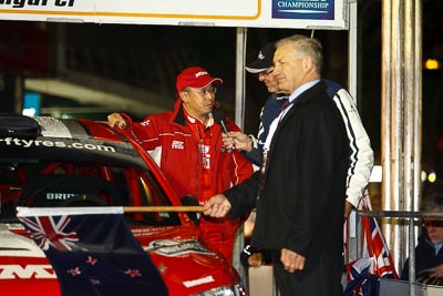 15-July-2011;APRC;Asia-Pacific-Rally-Championship;International-Rally-Of-Whangarei;Katsu-Taguchi;NZ;New-Zealand;Northland;Rally;Whangarei;auto;ceremonial-start;ceremony;garage;motorsport;night;pre‒event;racing;start;telephoto