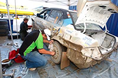 8;16-July-2011;8;APRC;Asia-Pacific-Rally-Championship;David-Green;International-Rally-Of-Whangarei;Mitsubishi-Lancer-Evolution-IX;NZ;Nathan-Quinn;New-Zealand;Northland;Rally;Whangarei;auto;garage;motorsport;racing;service-park;wide-angle