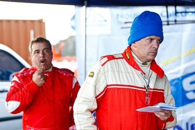 16-July-2011;APRC;Asia-Pacific-Rally-Championship;Daniel-Palau;International-Rally-Of-Whangarei;NZ;New-Zealand;Northland;Rally;Thierry-Song;Whangarei;auto;garage;motorsport;portrait;racing;service-park;telephoto