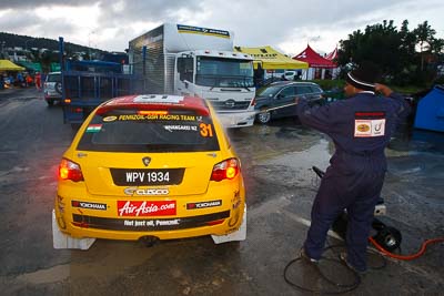 31;16-July-2011;31;APRC;Asia-Pacific-Rally-Championship;International-Rally-Of-Whangarei;Musa-Sherif;NZ;New-Zealand;Northland;Pennzoil-GSR-Racing-Team;Rally;Sanjay-Ram-Takle;Whangarei;auto;garage;motorsport;racing;service-park;wide-angle