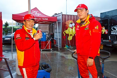 16-July-2011;APRC;Asia-Pacific-Rally-Championship;Fan-Fan;Hao-Yuan;International-Rally-Of-Whangarei;NZ;New-Zealand;Northland;Rally;Whangarei;auto;garage;motorsport;portrait;racing;service-park;wide-angle